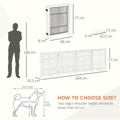 PawHut Freestanding Pet Gate 4 Panel Wooden Dog Barrier Foldable Safety Fence with Support Feet 264cm Long 77cm Tall for Doorway Stairs White - Baig Merchant