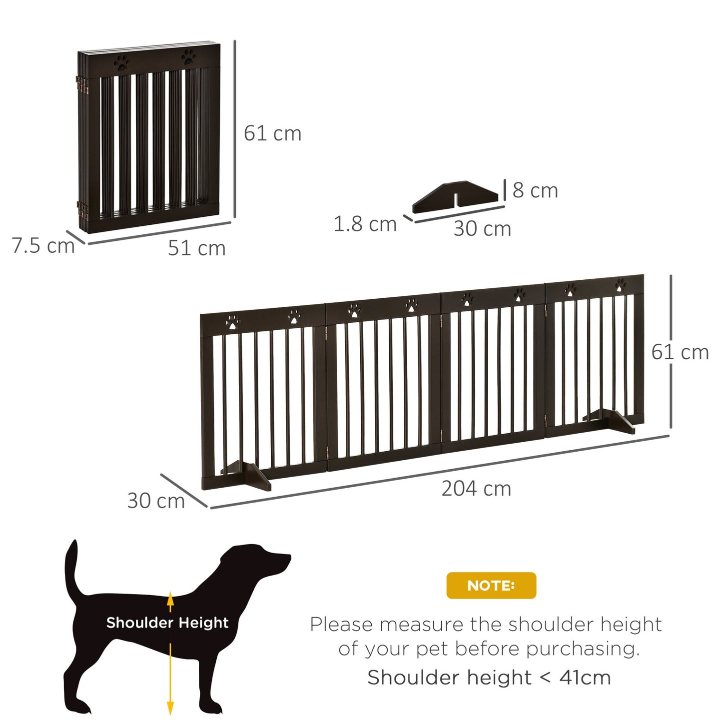 PawHut Freestanding Pet Gate 4 Panel Wooden Dog Barrier Folding Safety Fence with Support Feet up to 204cm Long 61cm Tall for Doorway Stairs Brown - Baig Merchant