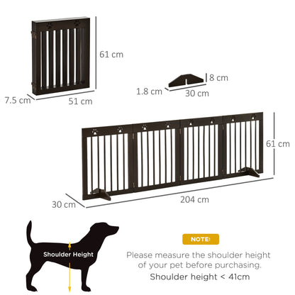 PawHut Freestanding Pet Gate 4 Panel Wooden Dog Barrier Folding Safety Fence with Support Feet up to 204cm Long 61cm Tall for Doorway Stairs Brown - Baig Merchant