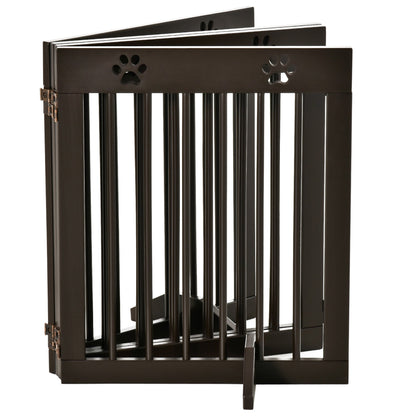 PawHut Freestanding Pet Gate 4 Panel Wooden Dog Barrier Folding Safety Fence with Support Feet up to 204cm Long 61cm Tall for Doorway Stairs Brown - Baig Merchant