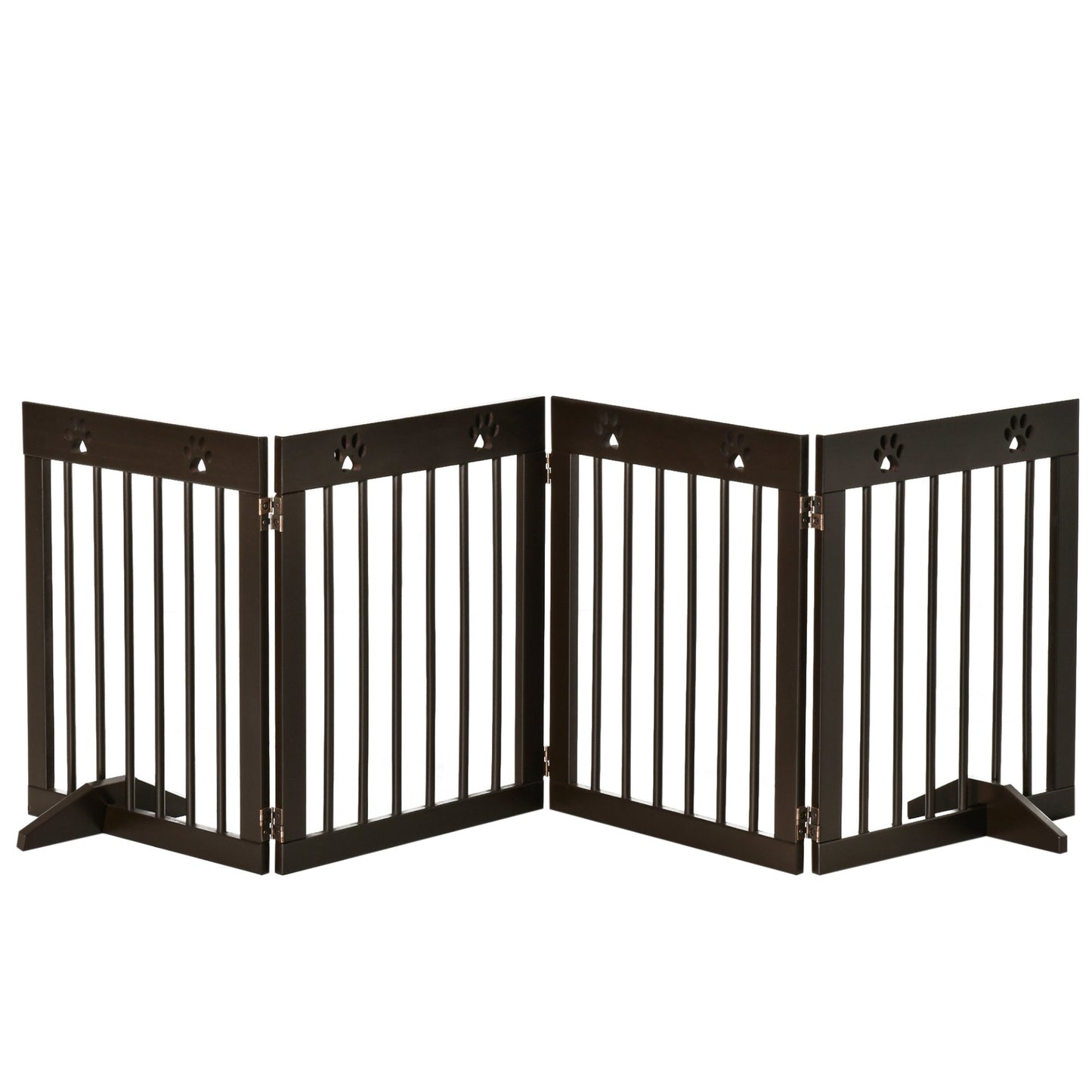 PawHut Freestanding Pet Gate 4 Panel Wooden Dog Barrier Folding Safety Fence with Support Feet up to 204cm Long 61cm Tall for Doorway Stairs Brown - Baig Merchant