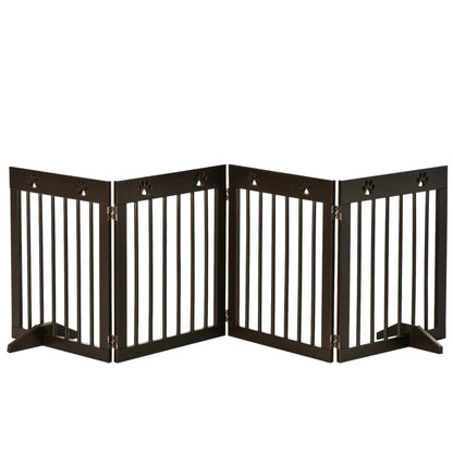 PawHut Freestanding Pet Gate 4 Panel Wooden Dog Barrier Folding Safety Fence with Support Feet up to 204cm Long 61cm Tall for Doorway Stairs Brown - Baig Merchant