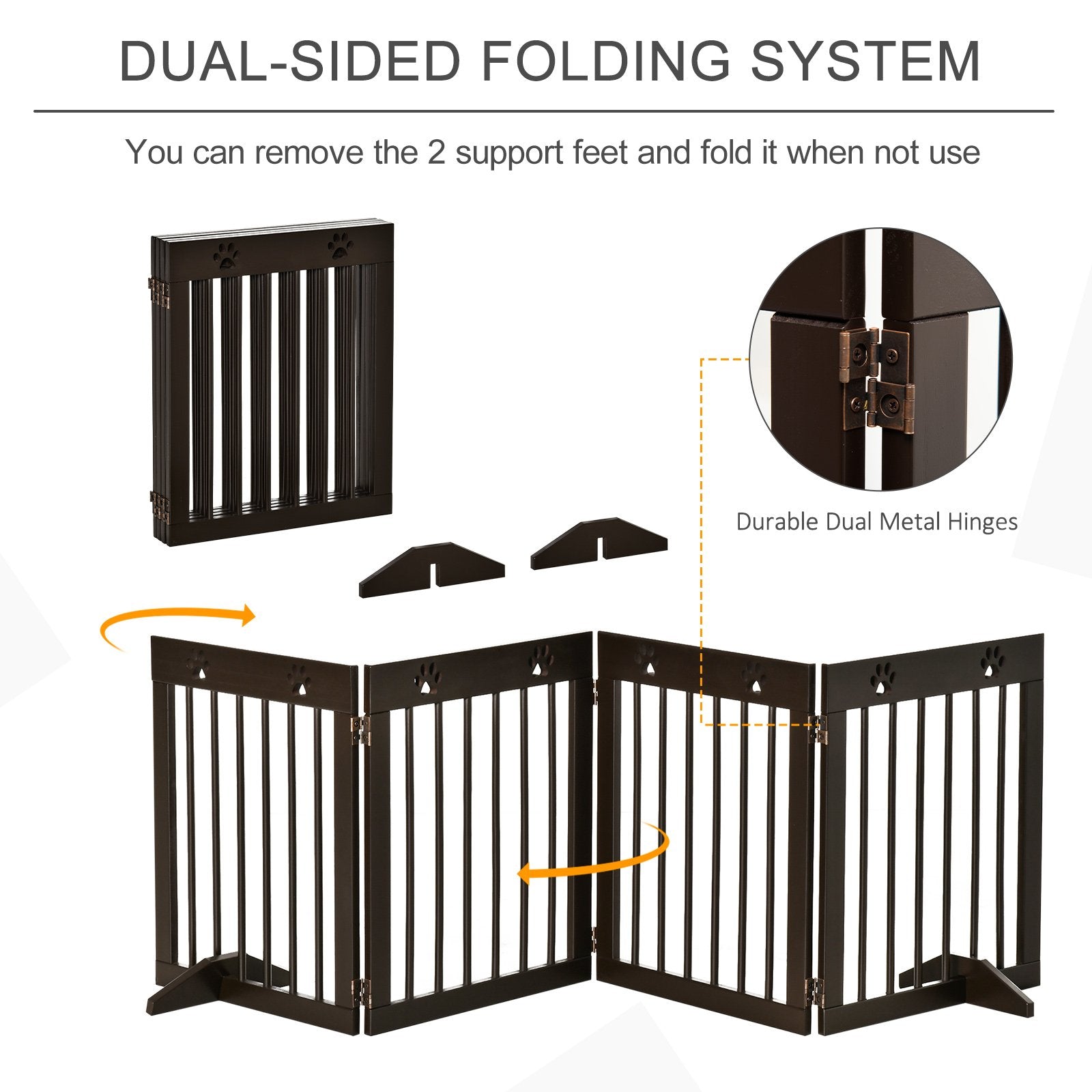 PawHut Freestanding Pet Gate 4 Panel Wooden Dog Barrier Folding Safety Fence with Support Feet up to 204cm Long 61cm Tall for Doorway Stairs Brown - Baig Merchant