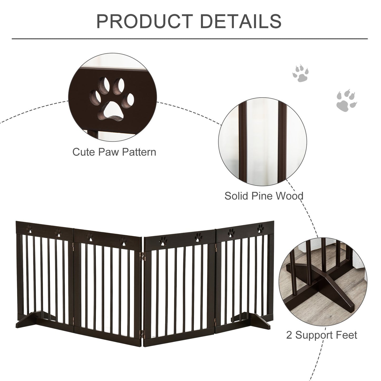 PawHut Freestanding Pet Gate 4 Panel Wooden Dog Barrier Folding Safety Fence with Support Feet up to 204cm Long 61cm Tall for Doorway Stairs Brown - Baig Merchant