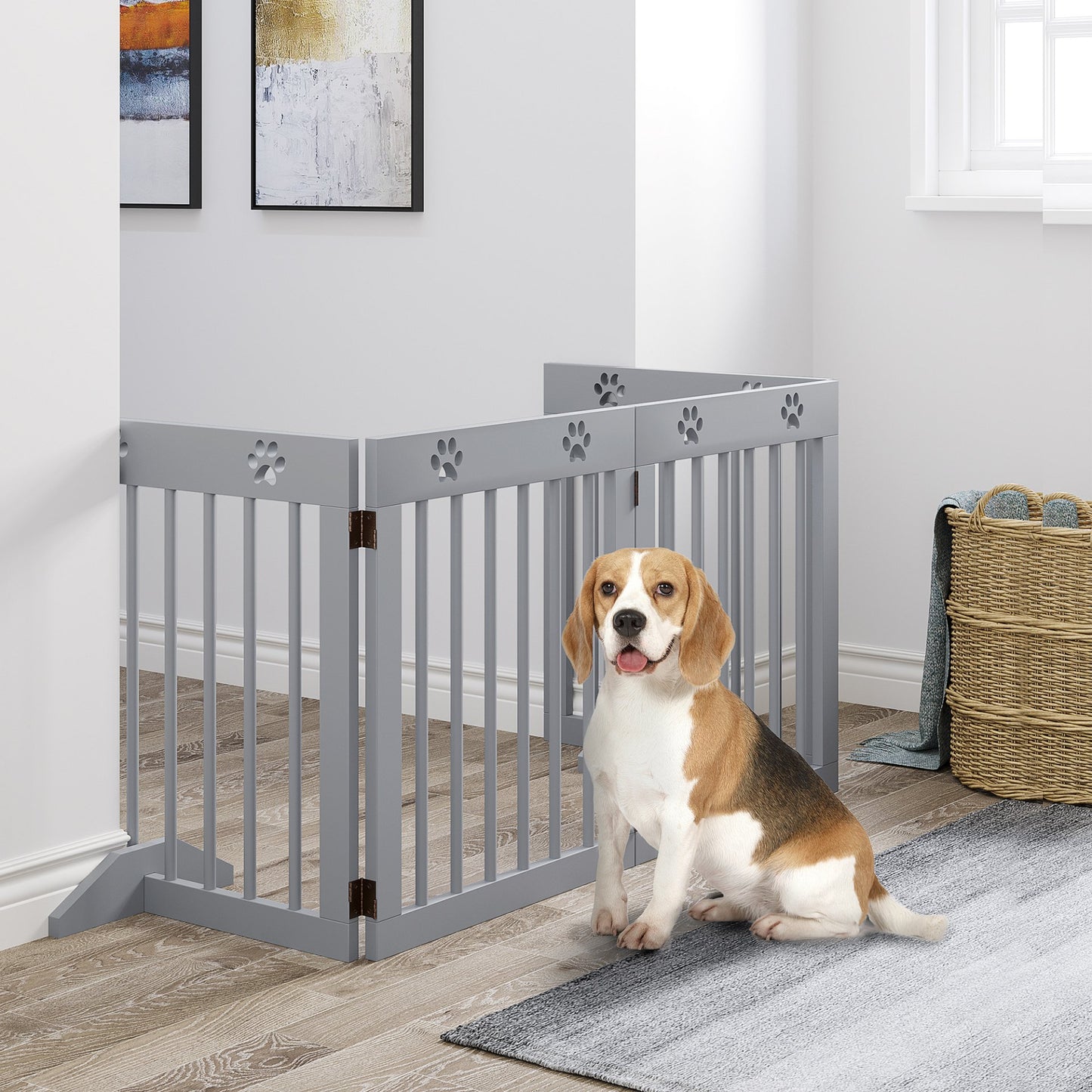 PawHut Freestanding Pet Gate 4 Panel Wooden Dog Barrier Folding Safety Fence with Support Feet up to 204cm Long 61cm Tall for Doorway Stairs Light Grey - Baig Merchant