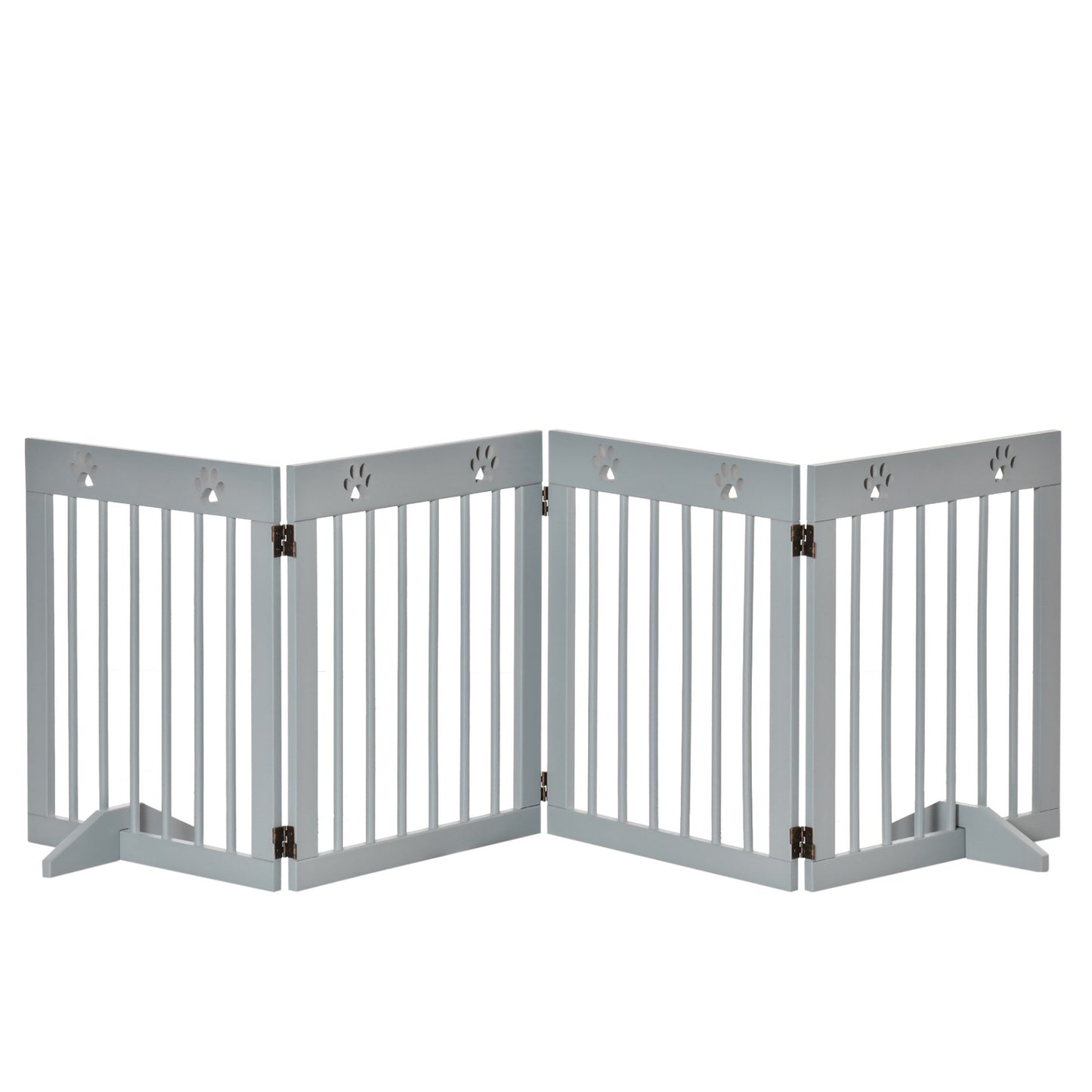 PawHut Freestanding Pet Gate 4 Panel Wooden Dog Barrier Folding Safety Fence with Support Feet up to 204cm Long 61cm Tall for Doorway Stairs Light Grey - Baig Merchant