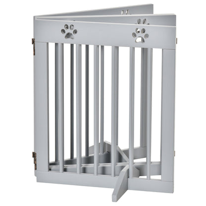 PawHut Freestanding Pet Gate 4 Panel Wooden Dog Barrier Folding Safety Fence with Support Feet up to 204cm Long 61cm Tall for Doorway Stairs Light Grey - Baig Merchant