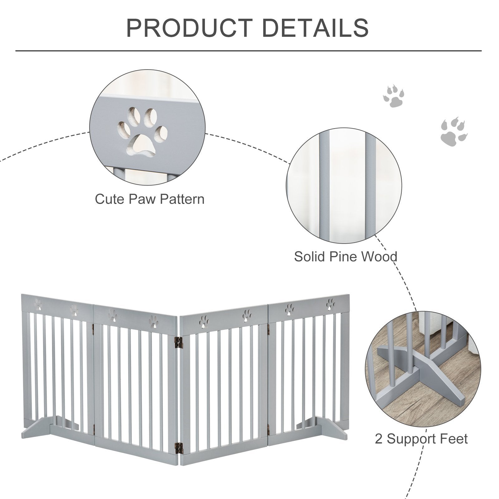 PawHut Freestanding Pet Gate 4 Panel Wooden Dog Barrier Folding Safety Fence with Support Feet up to 204cm Long 61cm Tall for Doorway Stairs Light Grey - Baig Merchant