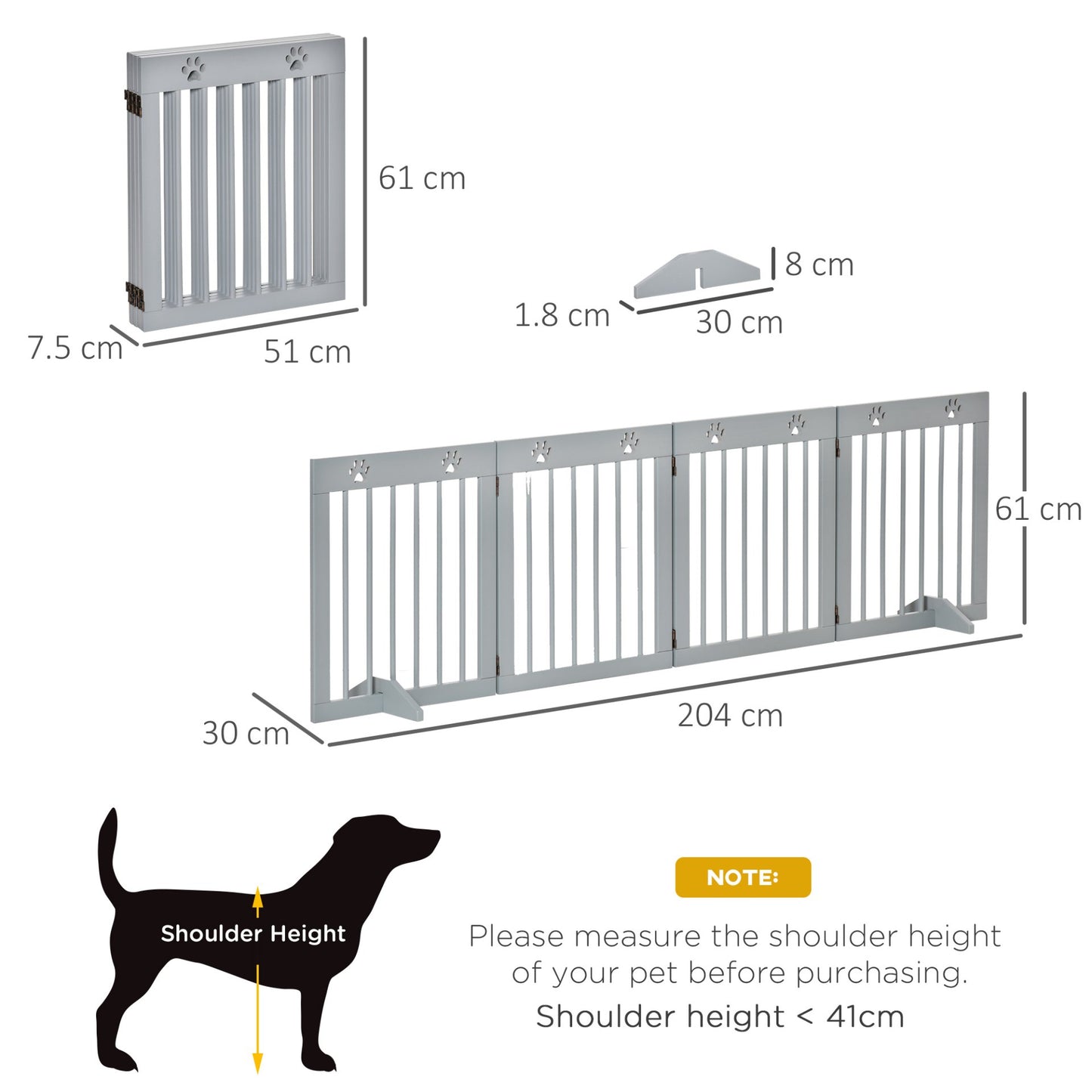 PawHut Freestanding Pet Gate 4 Panel Wooden Dog Barrier Folding Safety Fence with Support Feet up to 204cm Long 61cm Tall for Doorway Stairs Light Grey - Baig Merchant