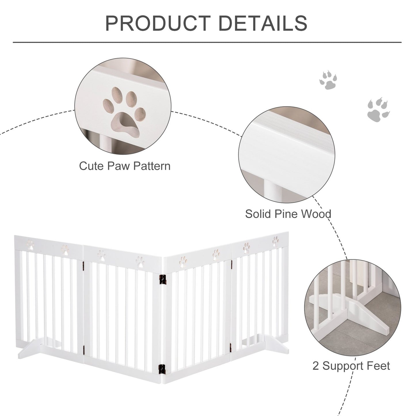 PawHut Freestanding Pet Gate 4 Panel Wooden Dog Barrier Folding Safety Fence with Support Feet up to 204cm Long 61cm Tall for Doorway Stairs White - Baig Merchant