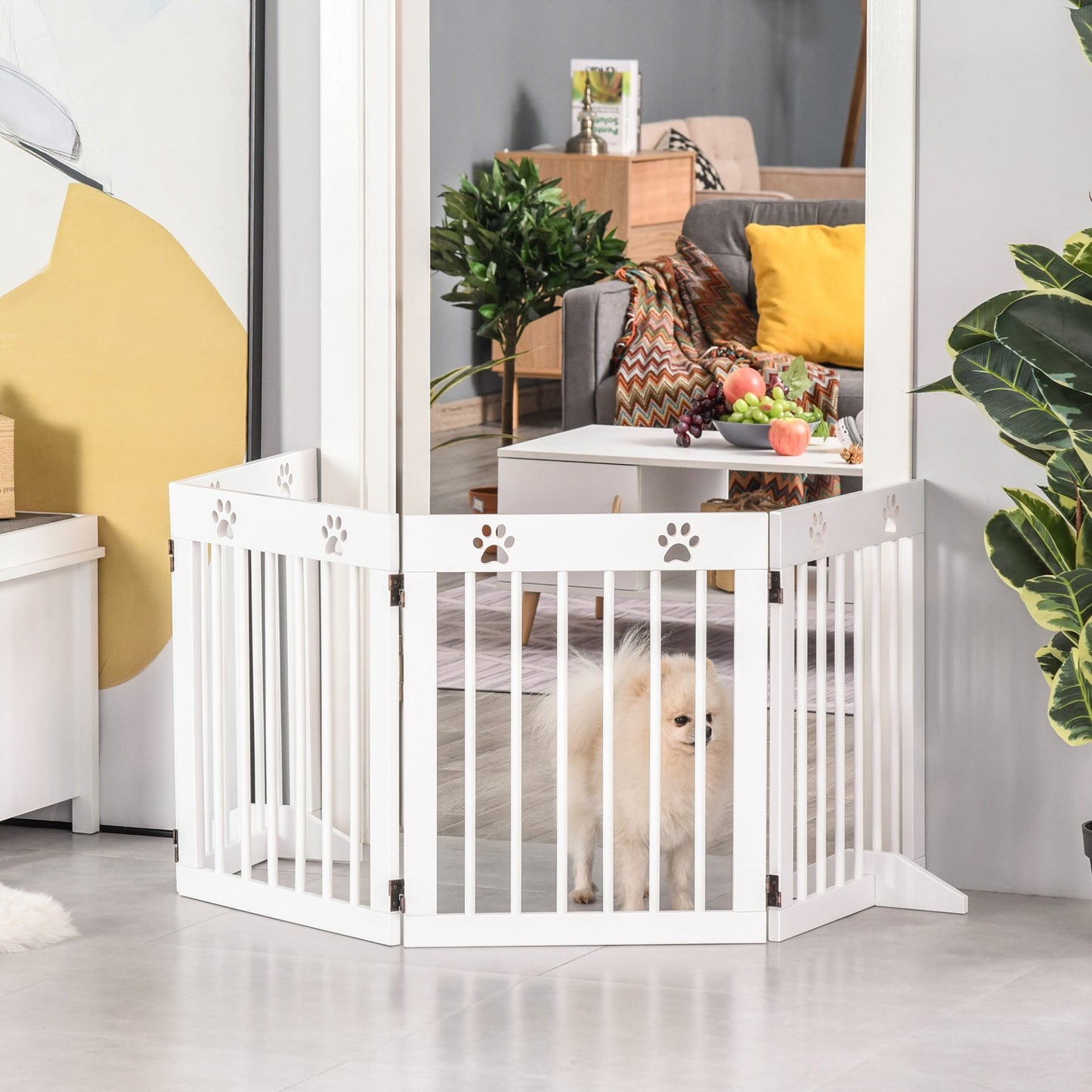 PawHut Freestanding Pet Gate 4 Panel Wooden Dog Barrier Folding Safety Fence with Support Feet up to 204cm Long 61cm Tall for Doorway Stairs White - Baig Merchant