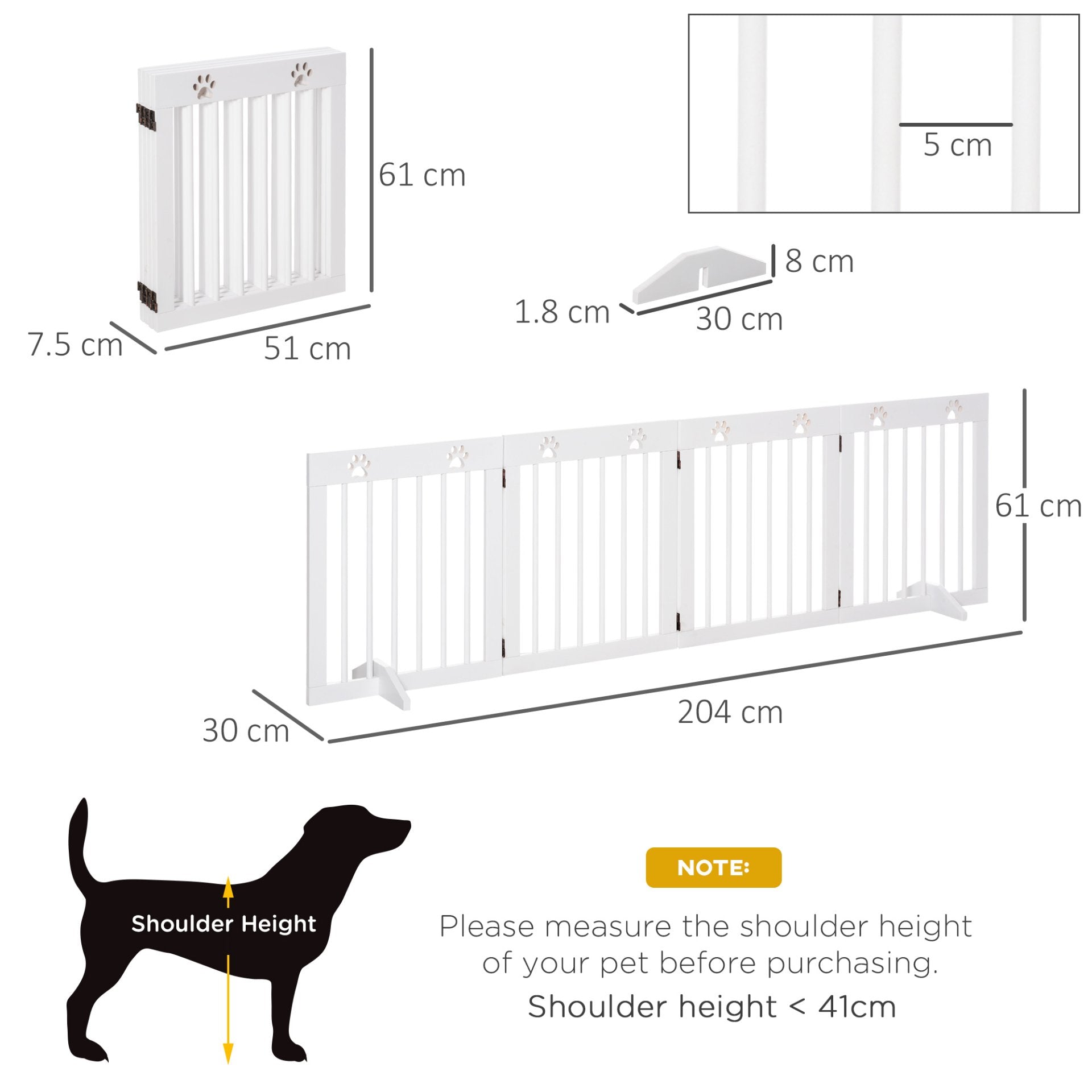 PawHut Freestanding Pet Gate 4 Panel Wooden Dog Barrier Folding Safety Fence with Support Feet up to 204cm Long 61cm Tall for Doorway Stairs White - Baig Merchant