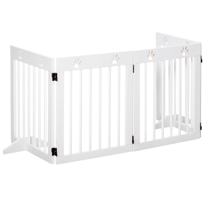 PawHut Freestanding Pet Gate 4 Panel Wooden Dog Barrier Folding Safety Fence with Support Feet up to 204cm Long 61cm Tall for Doorway Stairs White - Baig Merchant