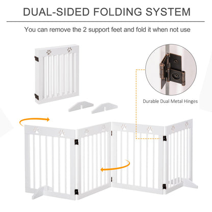 PawHut Freestanding Pet Gate 4 Panel Wooden Dog Barrier Folding Safety Fence with Support Feet up to 204cm Long 61cm Tall for Doorway Stairs White - Baig Merchant