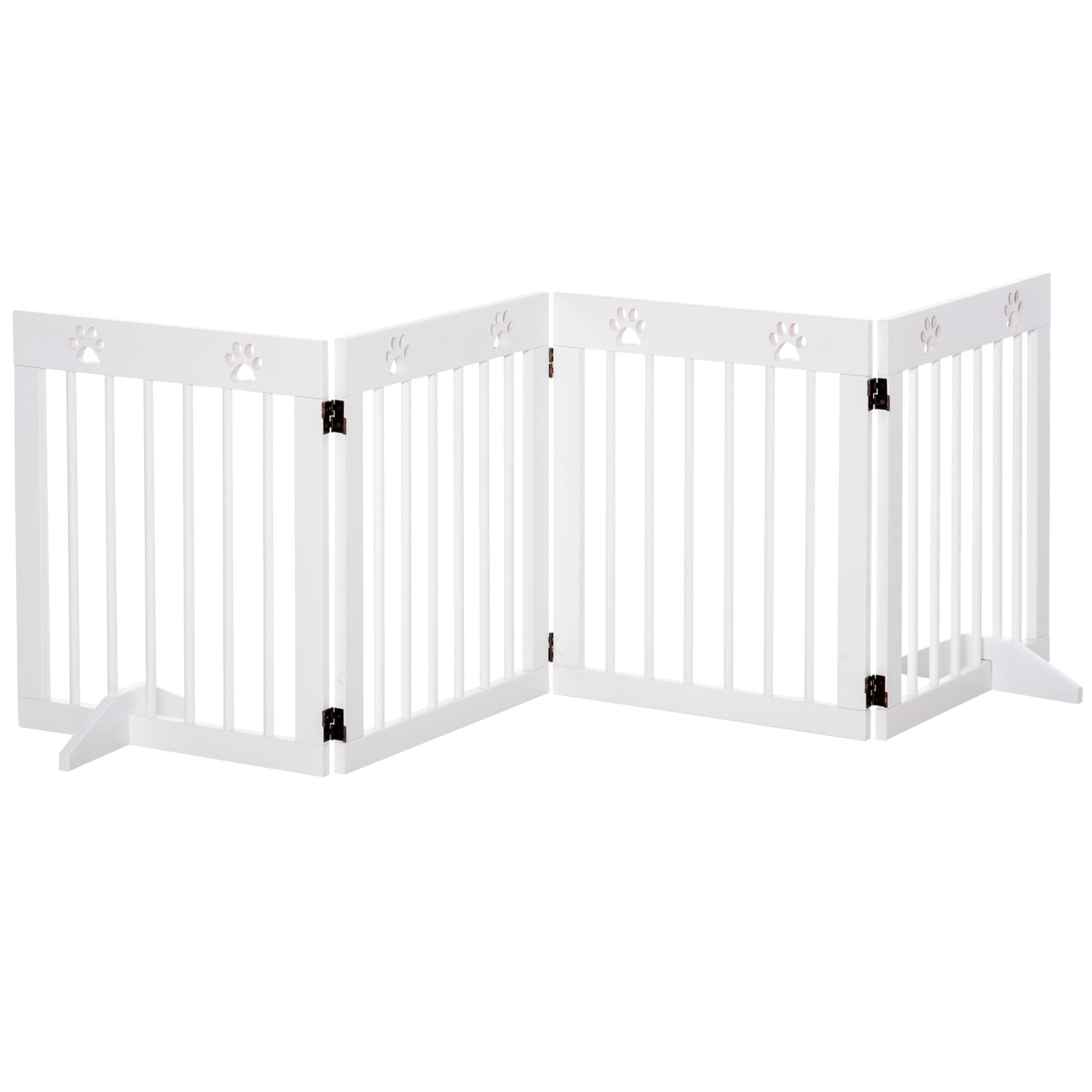 PawHut Freestanding Pet Gate 4 Panel Wooden Dog Barrier Folding Safety Fence with Support Feet up to 204cm Long 61cm Tall for Doorway Stairs White - Baig Merchant