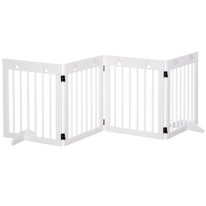 PawHut Freestanding Pet Gate 4 Panel Wooden Dog Barrier Folding Safety Fence with Support Feet up to 204cm Long 61cm Tall for Doorway Stairs White - Baig Merchant