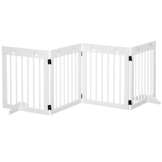 PawHut Freestanding Pet Gate 4 Panel Wooden Dog Barrier Folding Safety Fence with Support Feet up to 204cm Long 61cm Tall for Doorway Stairs White - Baig Merchant