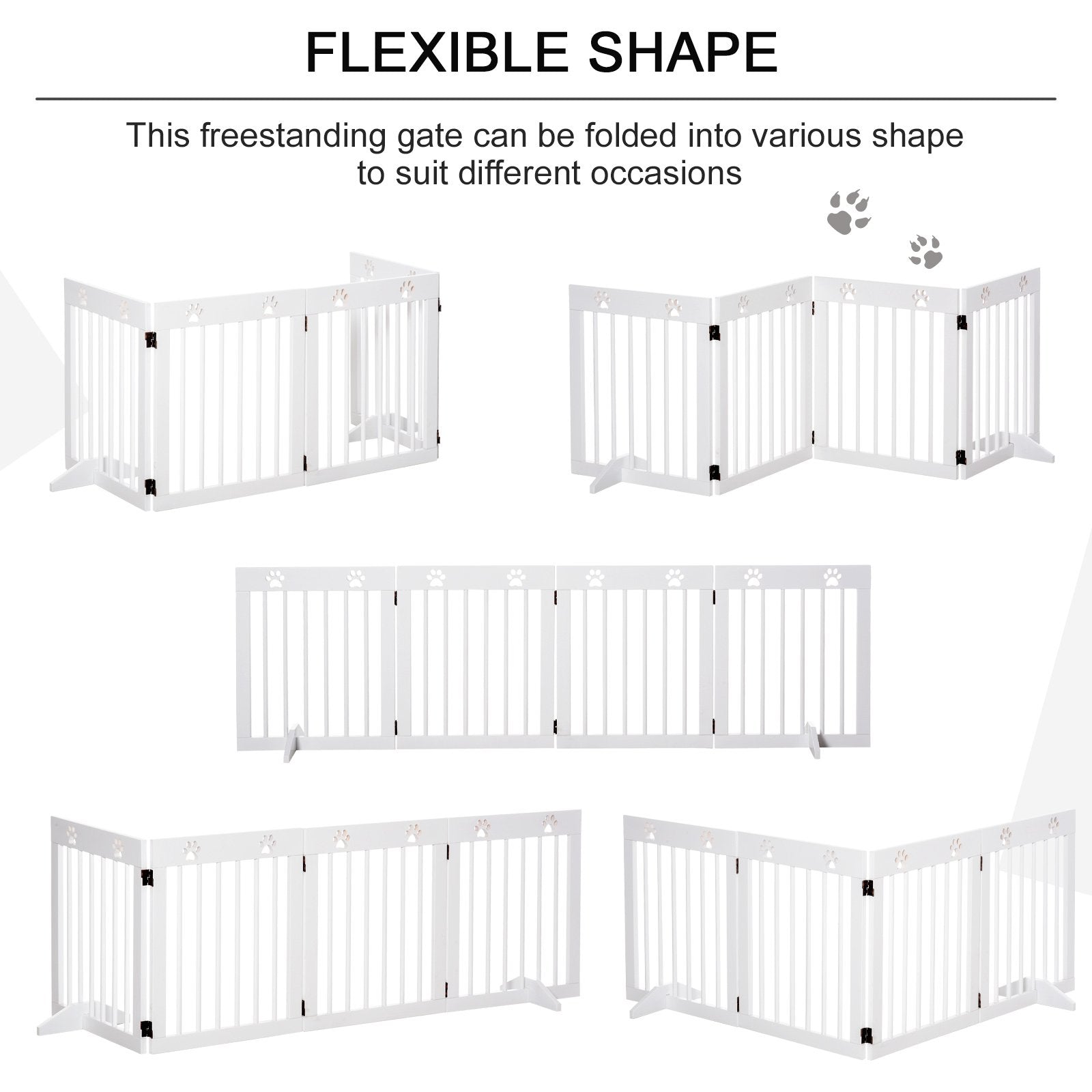 PawHut Freestanding Pet Gate 4 Panel Wooden Dog Barrier Folding Safety Fence with Support Feet up to 204cm Long 61cm Tall for Doorway Stairs White - Baig Merchant