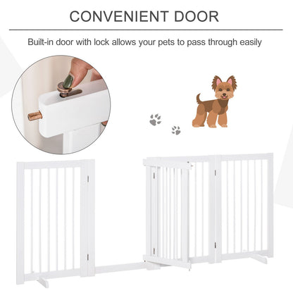 PawHut Freestanding Pet Gate 4 Panels Wooden Dog Safety Fence Foldable with Support Feet for Doorway Stairs 91cm Tall White - Baig Merchant