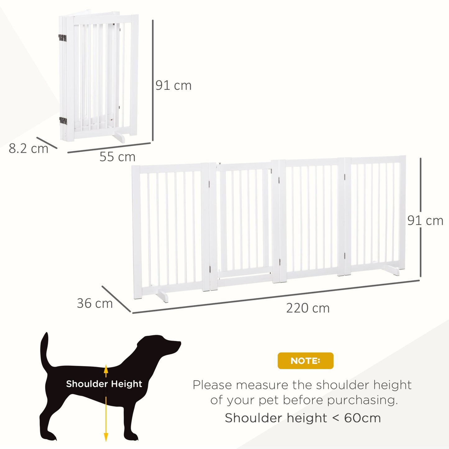 PawHut Freestanding Pet Gate 4 Panels Wooden Dog Safety Fence Foldable with Support Feet for Doorway Stairs 91cm Tall White - Baig Merchant