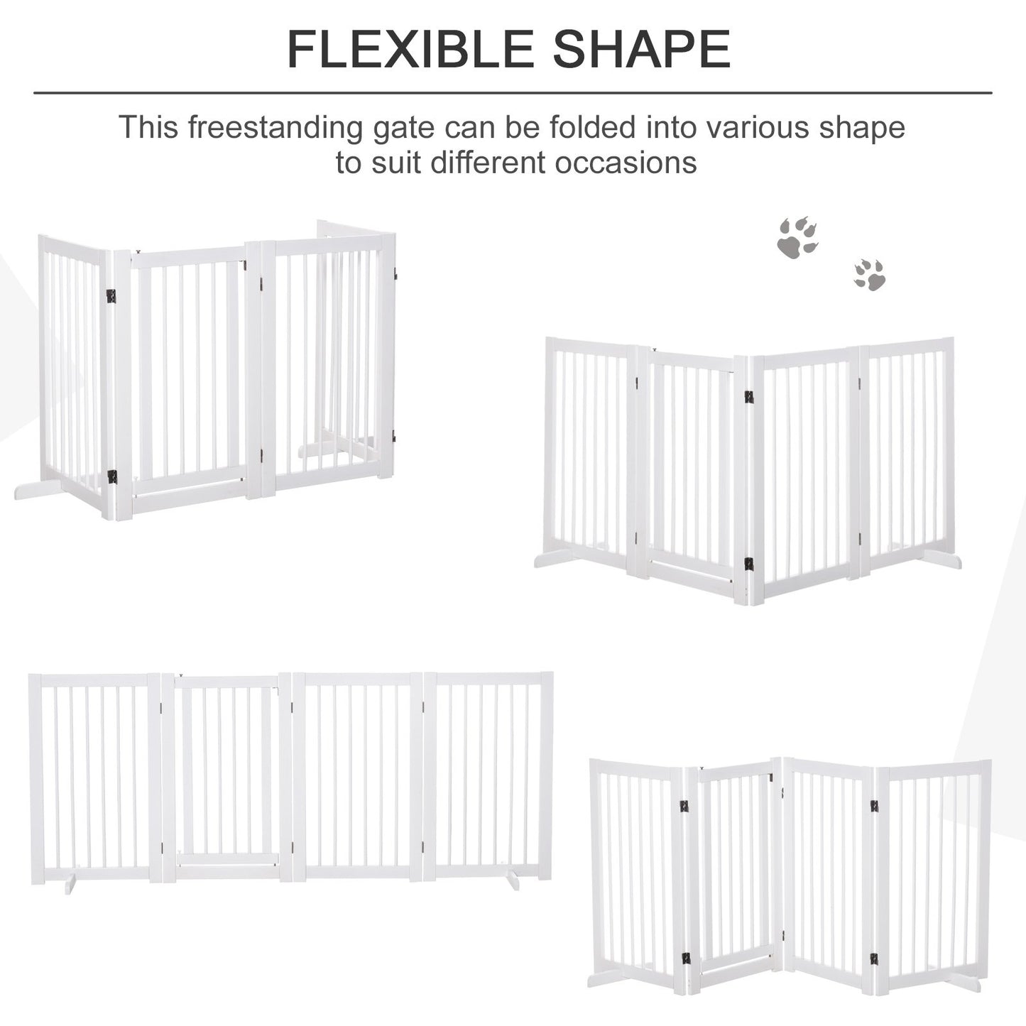 PawHut Freestanding Pet Gate 4 Panels Wooden Dog Safety Fence Foldable with Support Feet for Doorway Stairs 91cm Tall White - Baig Merchant