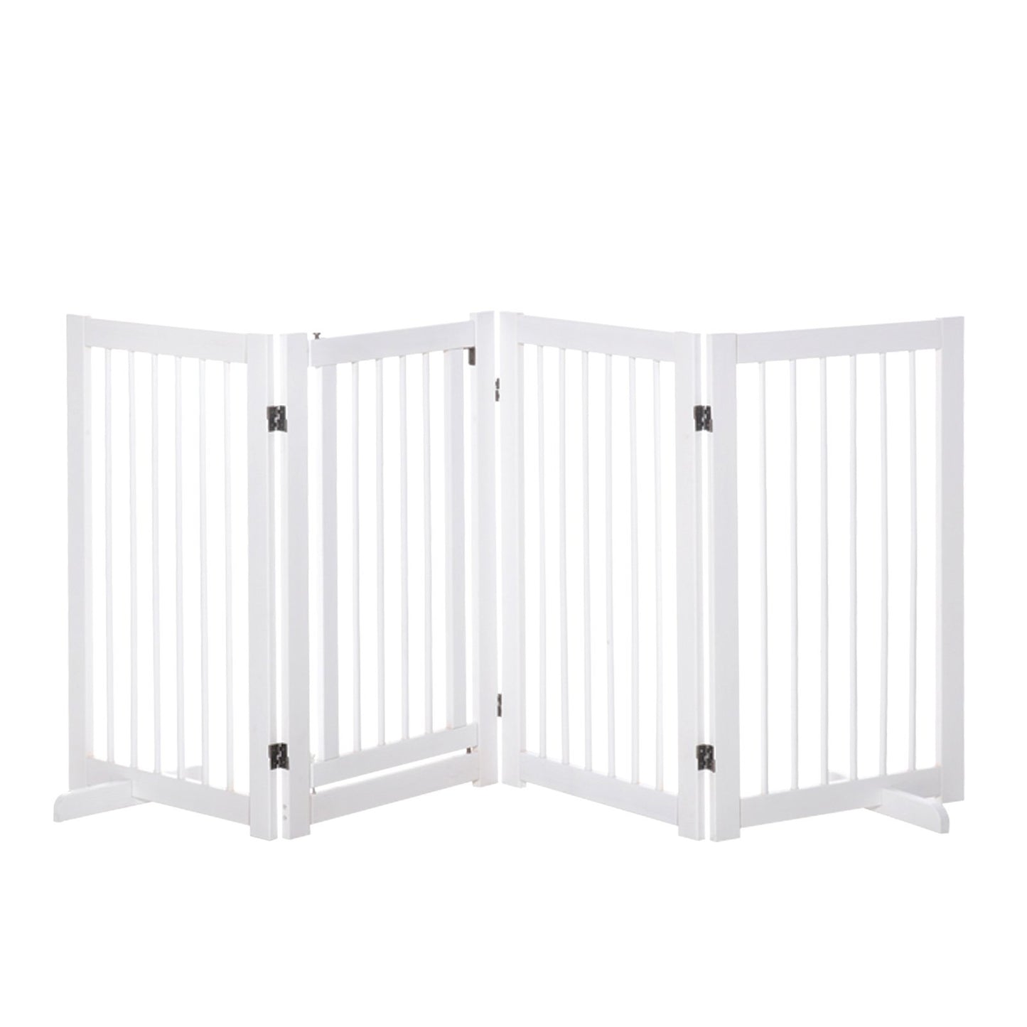 PawHut Freestanding Pet Gate 4 Panels Wooden Dog Safety Fence Foldable with Support Feet for Doorway Stairs 91cm Tall White - Baig Merchant