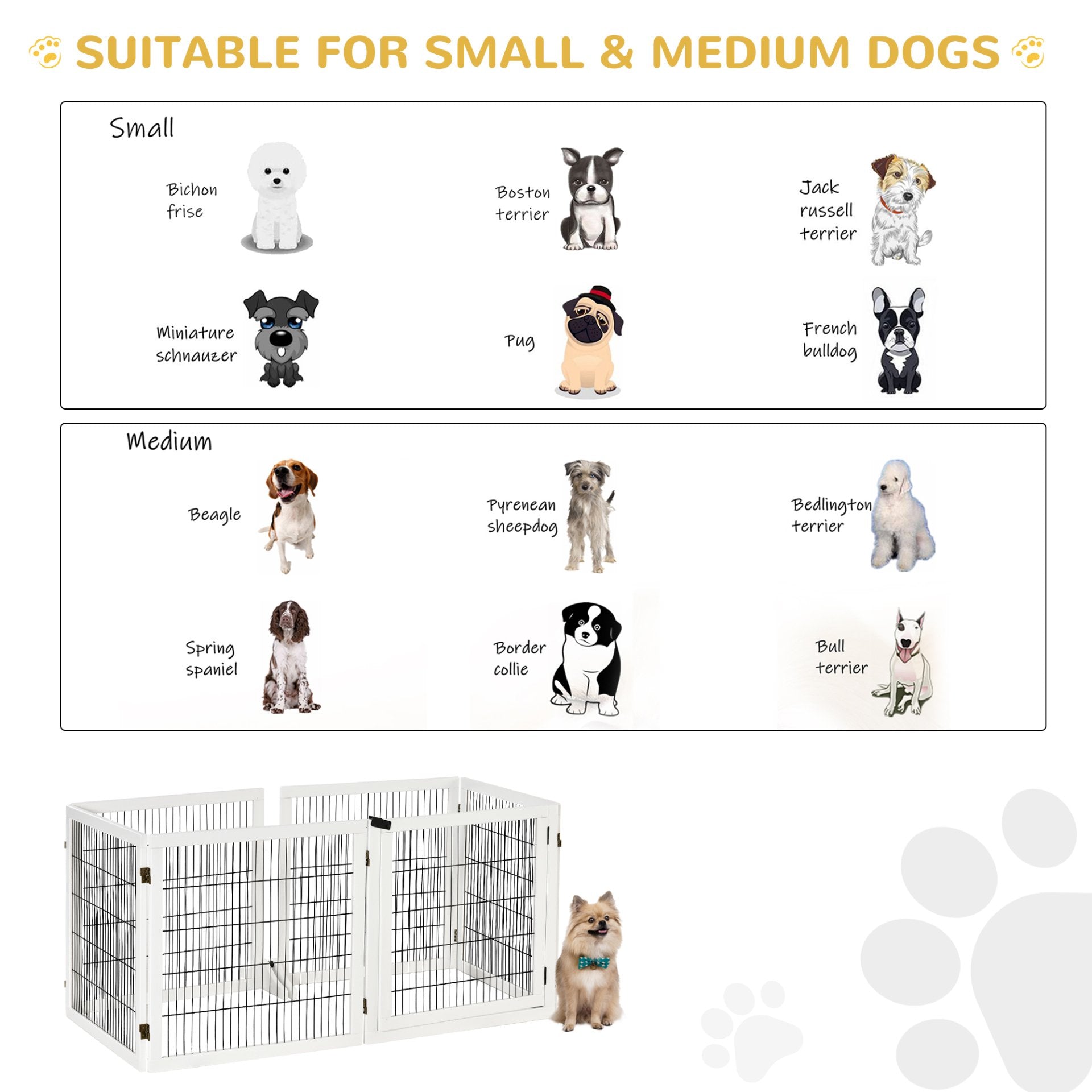 PawHut Freestanding Pet Gate 6 Panel Foldable Playpen Wooden Dog Gate with 2 Support Feet for Stairs Doorway 432cm Long 70cm Tall White - Baig Merchant