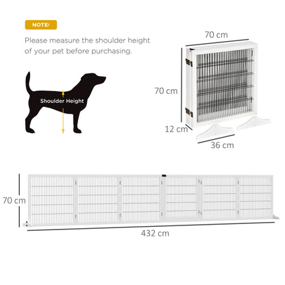 PawHut Freestanding Pet Gate 6 Panel Foldable Playpen Wooden Dog Gate with 2 Support Feet for Stairs Doorway 432cm Long 70cm Tall White - Baig Merchant