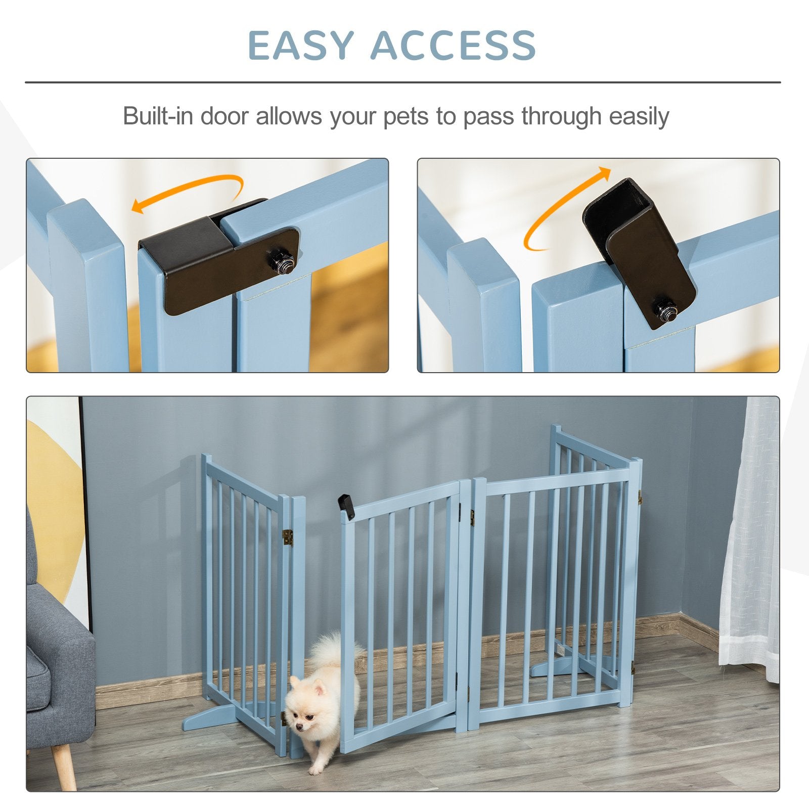 PawHut Freestanding Pet Gate for Small and Medium Dogs, Wooden Foldable Dog Safety Barrier with 4 Panels, 2 Support Feet, 80 cm Tall for Doorways, Stairs Blue - grey - Baig Merchant