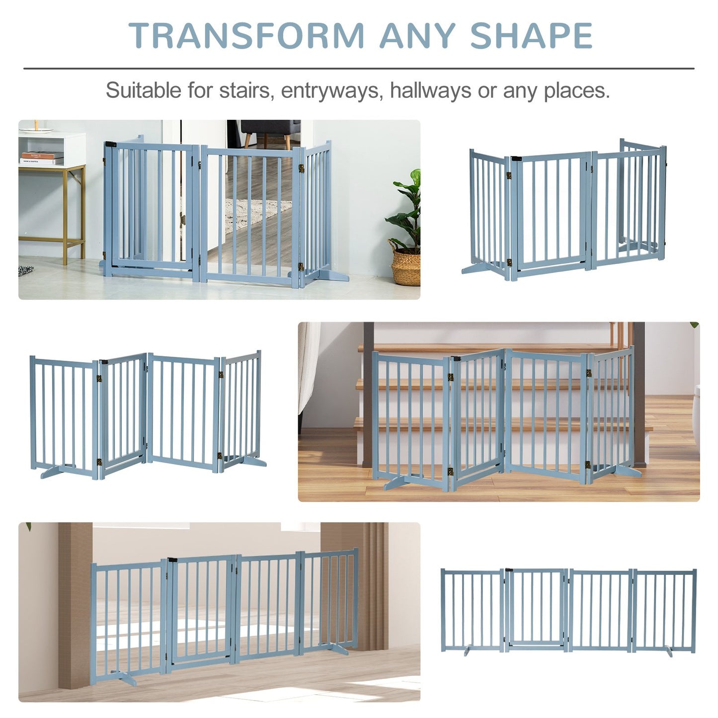 PawHut Freestanding Pet Gate for Small and Medium Dogs, Wooden Foldable Dog Safety Barrier with 4 Panels, 2 Support Feet, 80 cm Tall for Doorways, Stairs Blue - grey - Baig Merchant