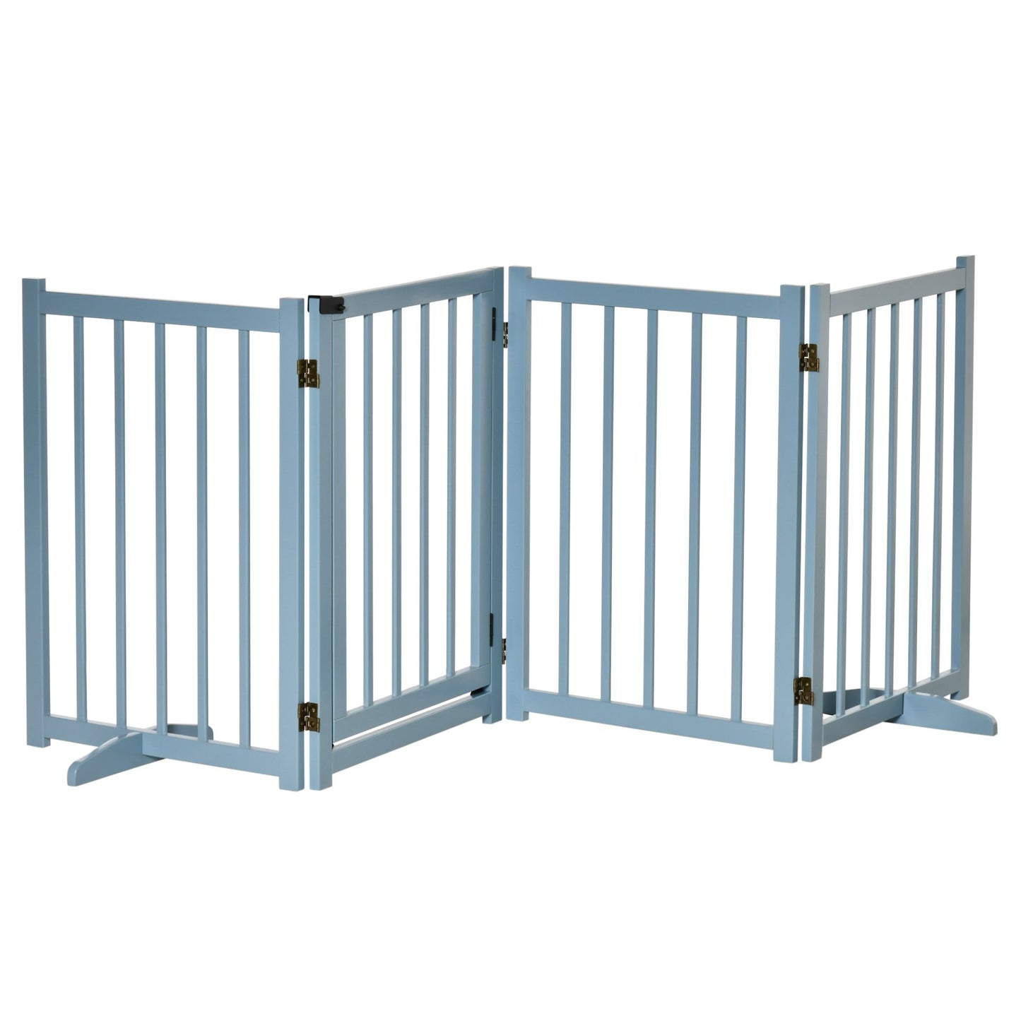 PawHut Freestanding Pet Gate for Small and Medium Dogs, Wooden Foldable Dog Safety Barrier with 4 Panels, 2 Support Feet, 80 cm Tall for Doorways, Stairs Blue - grey - Baig Merchant