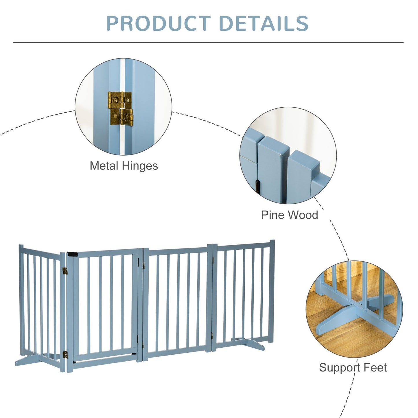 PawHut Freestanding Pet Gate for Small and Medium Dogs, Wooden Foldable Dog Safety Barrier with 4 Panels, 2 Support Feet, 80 cm Tall for Doorways, Stairs Blue - grey - Baig Merchant