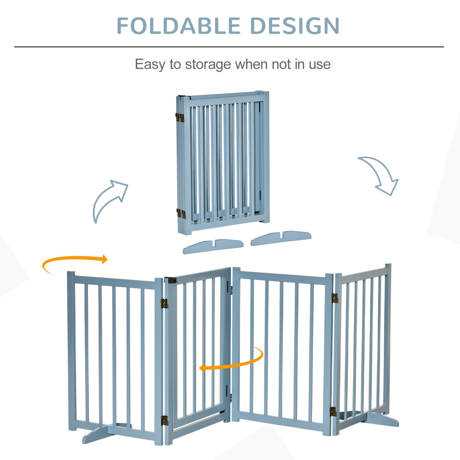 PawHut Freestanding Pet Gate for Small and Medium Dogs, Wooden Foldable Dog Safety Barrier with 4 Panels, 2 Support Feet, 80 cm Tall for Doorways, Stairs Blue - grey - Baig Merchant