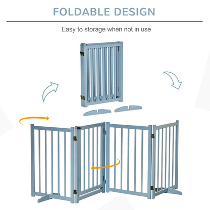 PawHut Freestanding Pet Gate for Small and Medium Dogs, Wooden Foldable Dog Safety Barrier with 4 Panels, 2 Support Feet, 80 cm Tall for Doorways, Stairs Blue - grey - Baig Merchant