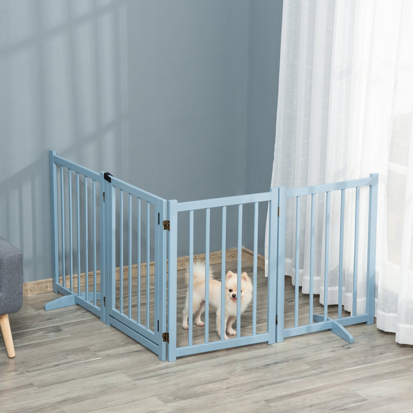 PawHut Freestanding Pet Gate for Small and Medium Dogs, Wooden Foldable Dog Safety Barrier with 4 Panels, 2 Support Feet, 80 cm Tall for Doorways, Stairs Blue - grey - Baig Merchant