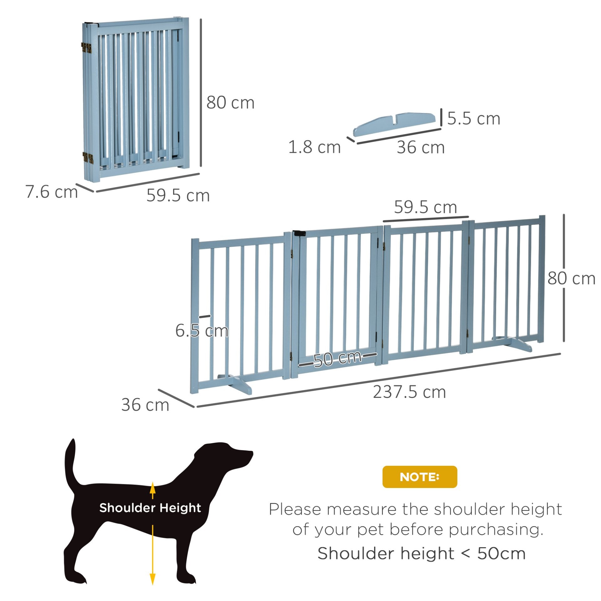 PawHut Freestanding Pet Gate for Small and Medium Dogs, Wooden Foldable Dog Safety Barrier with 4 Panels, 2 Support Feet, 80 cm Tall for Doorways, Stairs Blue - grey - Baig Merchant