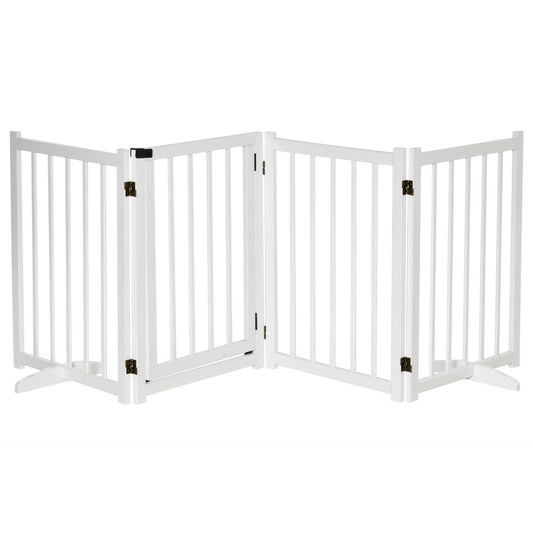 PawHut Freestanding Pet Gate for Small and Medium Dogs, Wooden Foldable Dog Safety Barrier with 4 Panels, 2 Support Feet, 80 cm Tall for Doorways, Stairs White - Baig Merchant