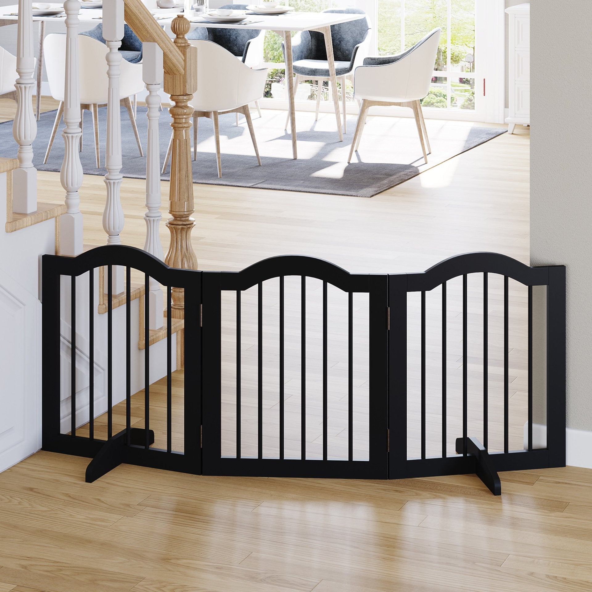 PawHut Freestanding Pet Gate Wooden Dog Gate with Support Feet Foldable Pet Fence Safety Barrier for the House Doorway Stairs Black - Baig Merchant