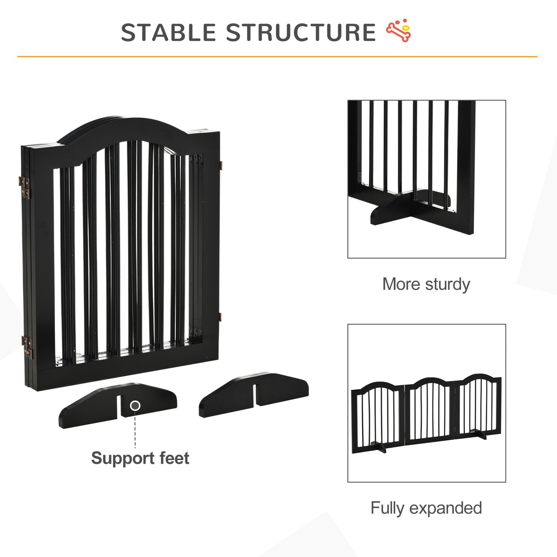 PawHut Freestanding Pet Gate Wooden Dog Gate with Support Feet Foldable Pet Fence Safety Barrier for the House Doorway Stairs Black - Baig Merchant