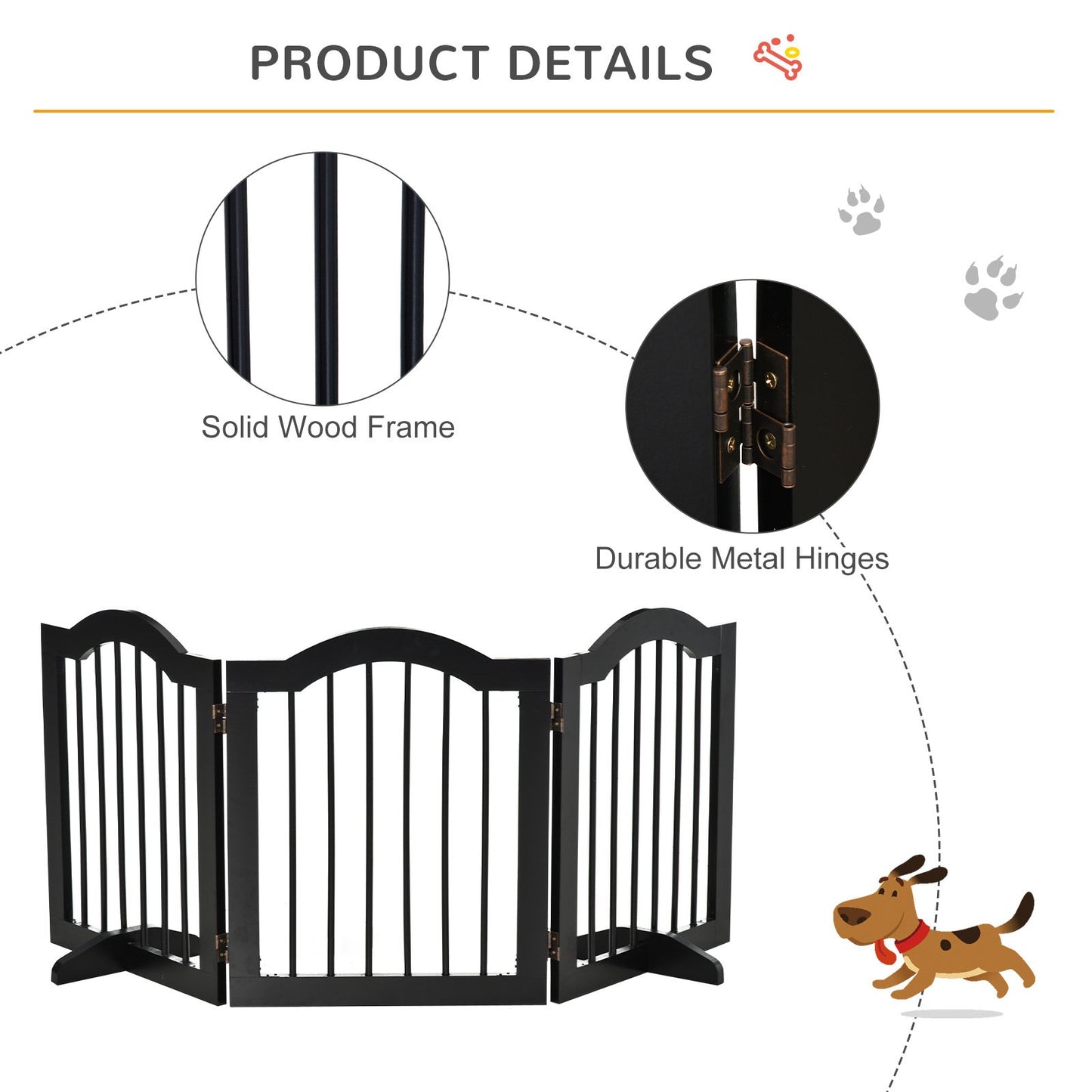 PawHut Freestanding Pet Gate Wooden Dog Gate with Support Feet Foldable Pet Fence Safety Barrier for the House Doorway Stairs Black - Baig Merchant