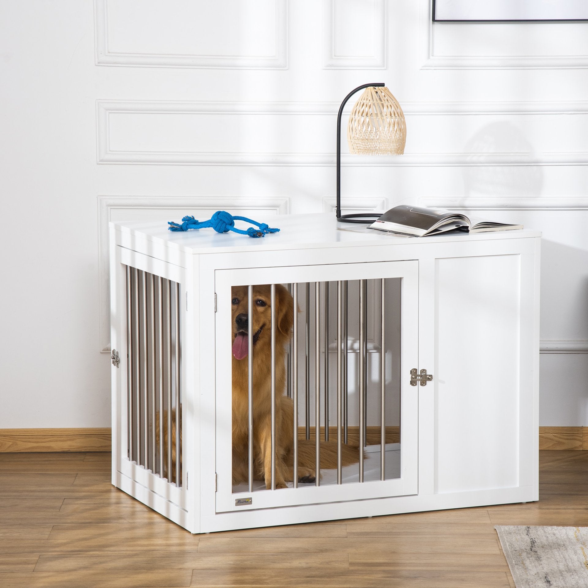 PawHut Furniture Style Dog Crate with Two Doors, End Table Pet Cage Kennel with Locks, for Medium and Large Dogs - White - Baig Merchant