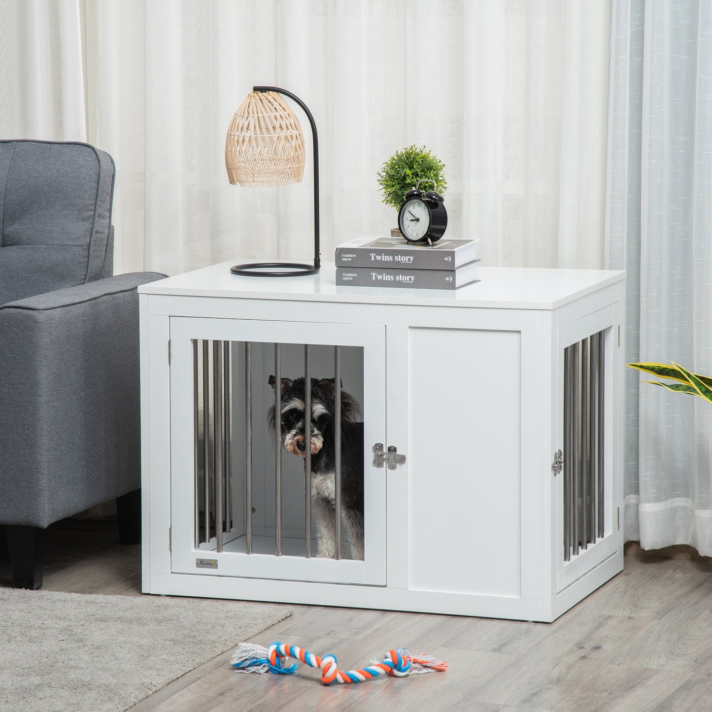 PawHut Furniture Style Dog Crate with Two Doors, End Table Pet Cage Kennel with Locks, for Medium Dogs - White - Baig Merchant