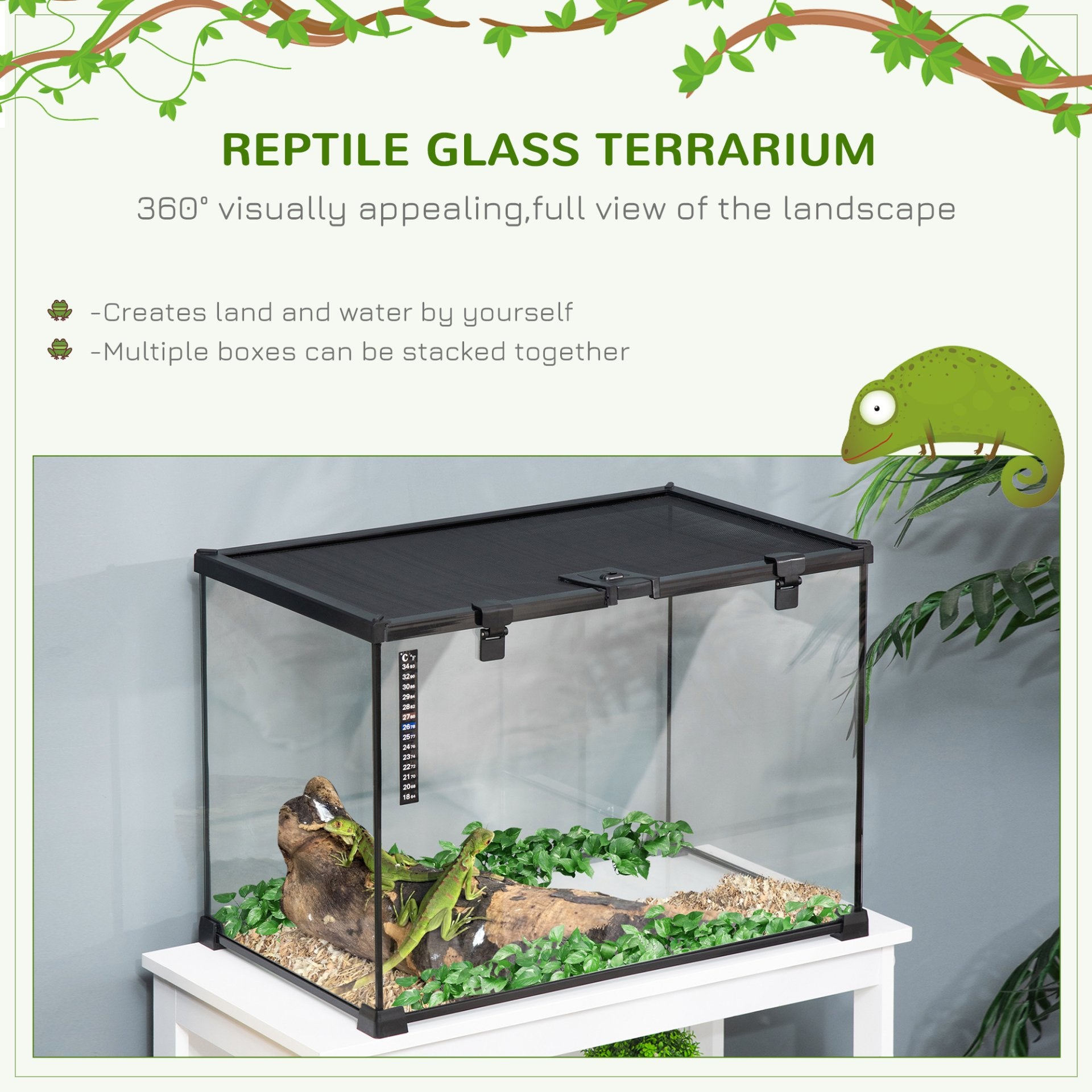 PawHut Glass Reptile Terrarium Insect Breeding Tank Vivarium Habitats with Thermometer for Lizards, Horned Frogs, Snakes, Spiders - Large 50 x 30 x 35cm - Baig Merchant