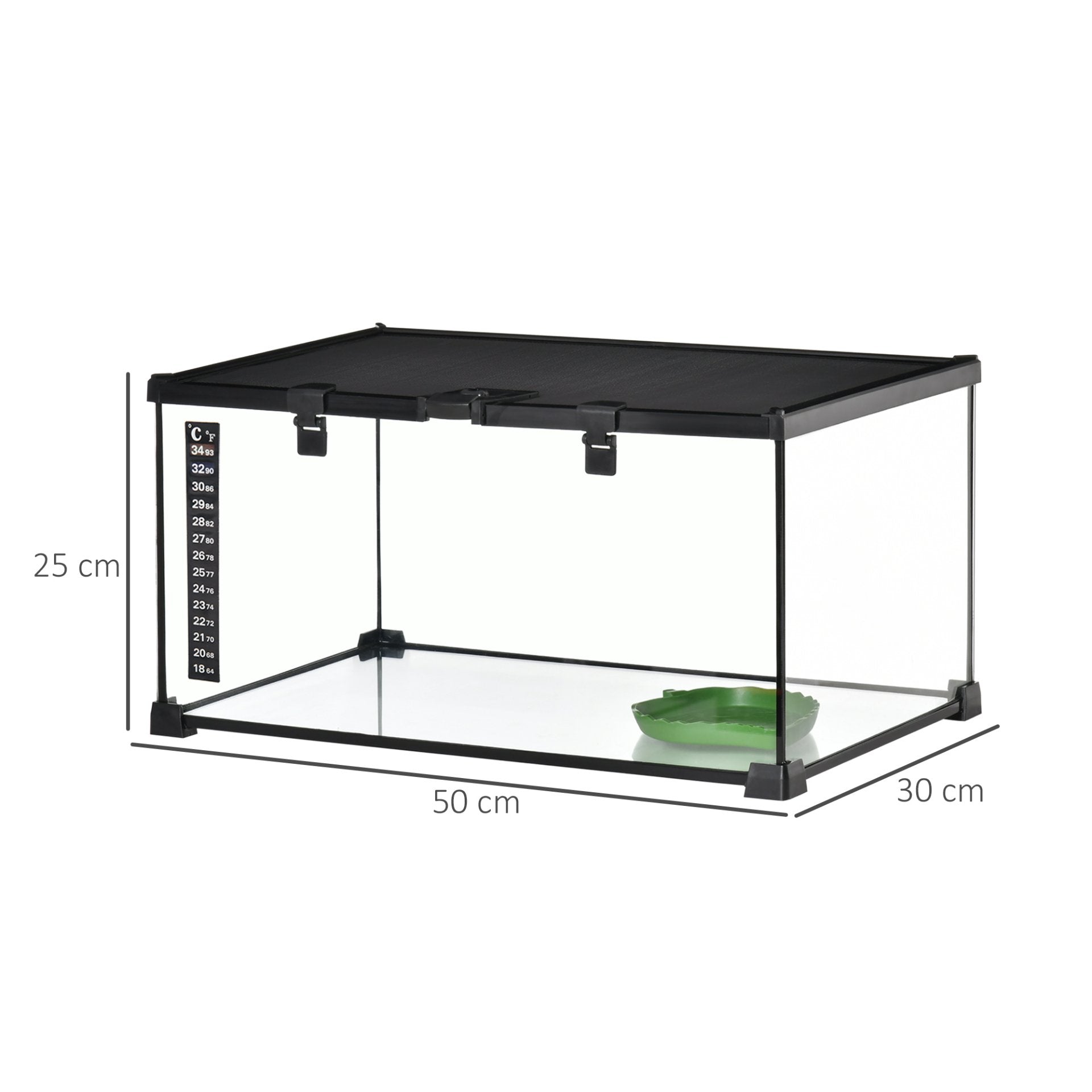 PawHut Glass Reptile Terrarium Insect Breeding Tank Vivarium Habitats with Thermometer for Lizards, Horned Frogs, Snakes, Spiders - Medium 50 x 30 x 25cm - Baig Merchant