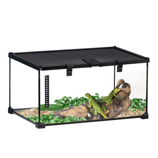 PawHut Glass Reptile Terrarium Insect Breeding Tank Vivarium Habitats with Thermometer for Lizards, Horned Frogs, Snakes, Spiders - Medium 50 x 30 x 25cm - Baig Merchant