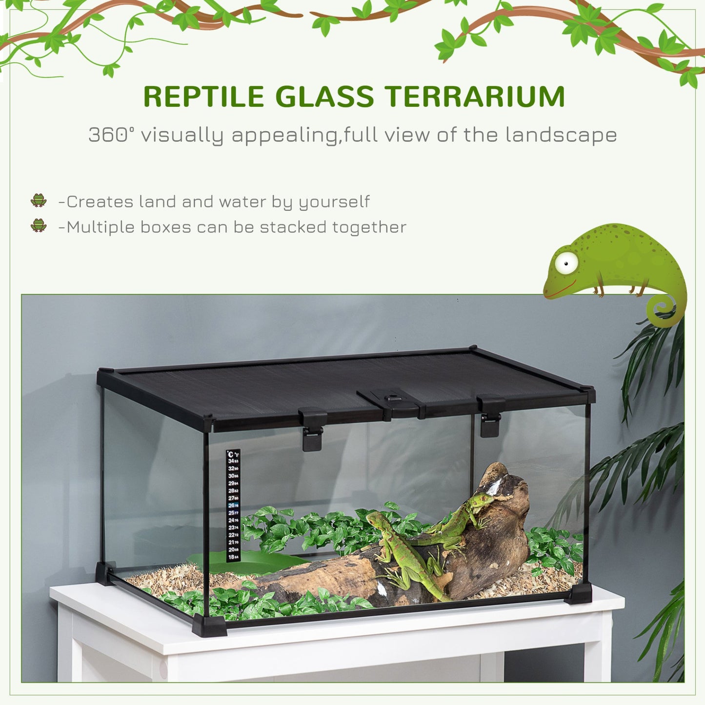 PawHut Glass Reptile Terrarium Insect Breeding Tank Vivarium Habitats with Thermometer for Lizards, Horned Frogs, Snakes, Spiders - Medium 50 x 30 x 25cm - Baig Merchant