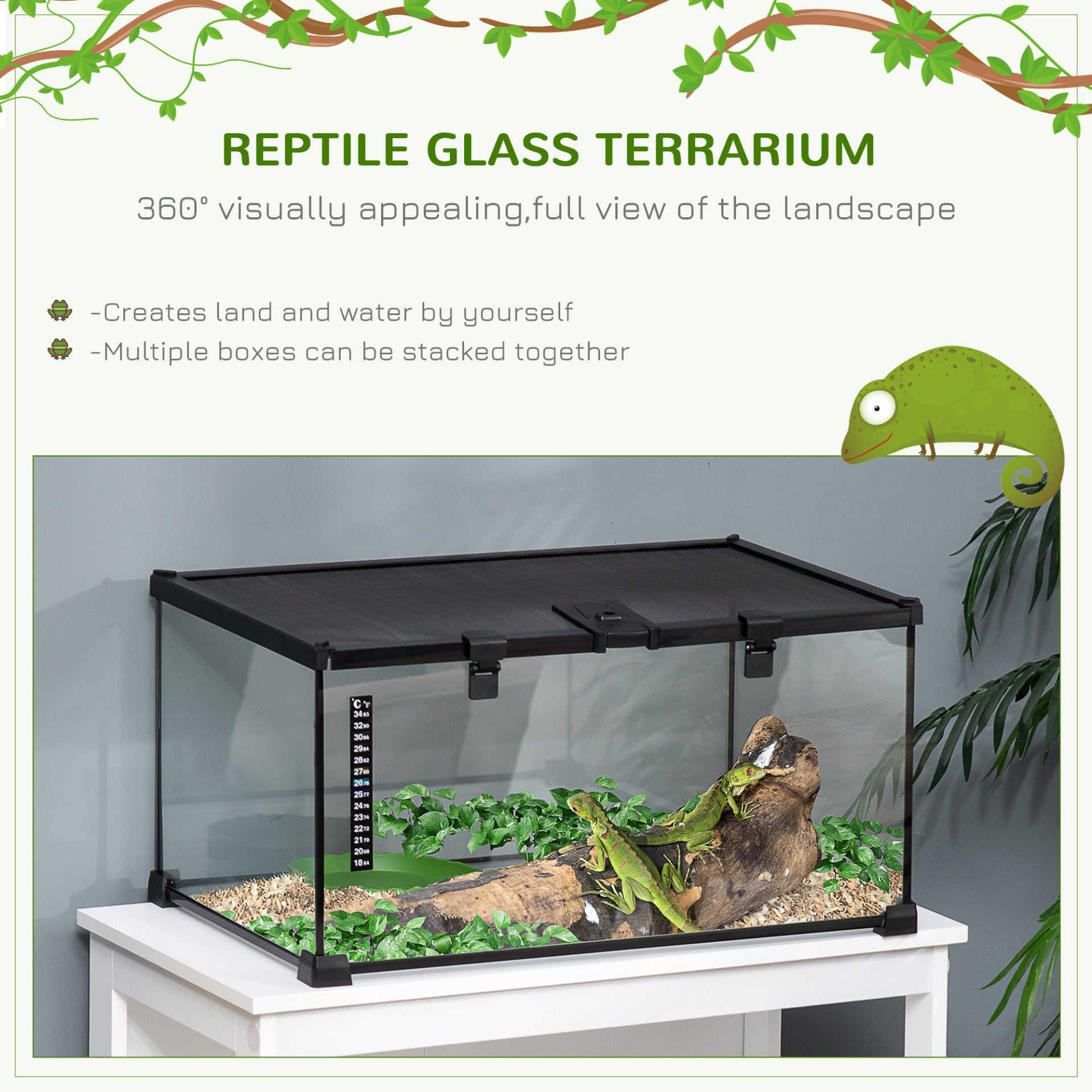 PawHut Glass Reptile Terrarium Insect Breeding Tank Vivarium Habitats with Thermometer for Lizards, Horned Frogs, Snakes, Spiders - Medium 50 x 30 x 25cm - Baig Merchant