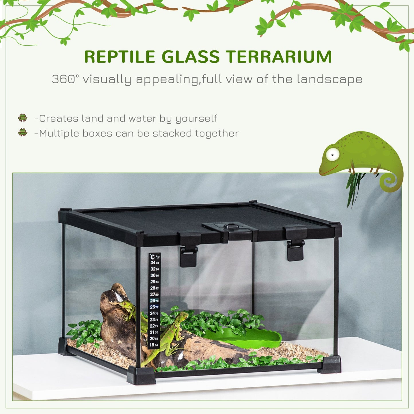 PawHut Glass Reptile Terrarium Insect Breeding Tank Vivarium Habitats with Thermometer for Lizards, Horned Frogs, Snakes, Spiders - Small 30 x 30 x 20cm - Baig Merchant