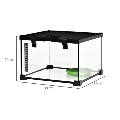 PawHut Glass Reptile Terrarium Insect Breeding Tank Vivarium Habitats with Thermometer for Lizards, Horned Frogs, Snakes, Spiders - Small 30 x 30 x 20cm - Baig Merchant