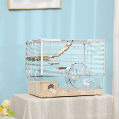 PawHut Hamster Cage, Gerbilarium Cage w/ Deep Bottom, Litter Area, Wooden Ramp, Platforms, Hut, Exercise Wheel, for Small Rodents, 59 x 35.5 x 47cm - Baig Merchant